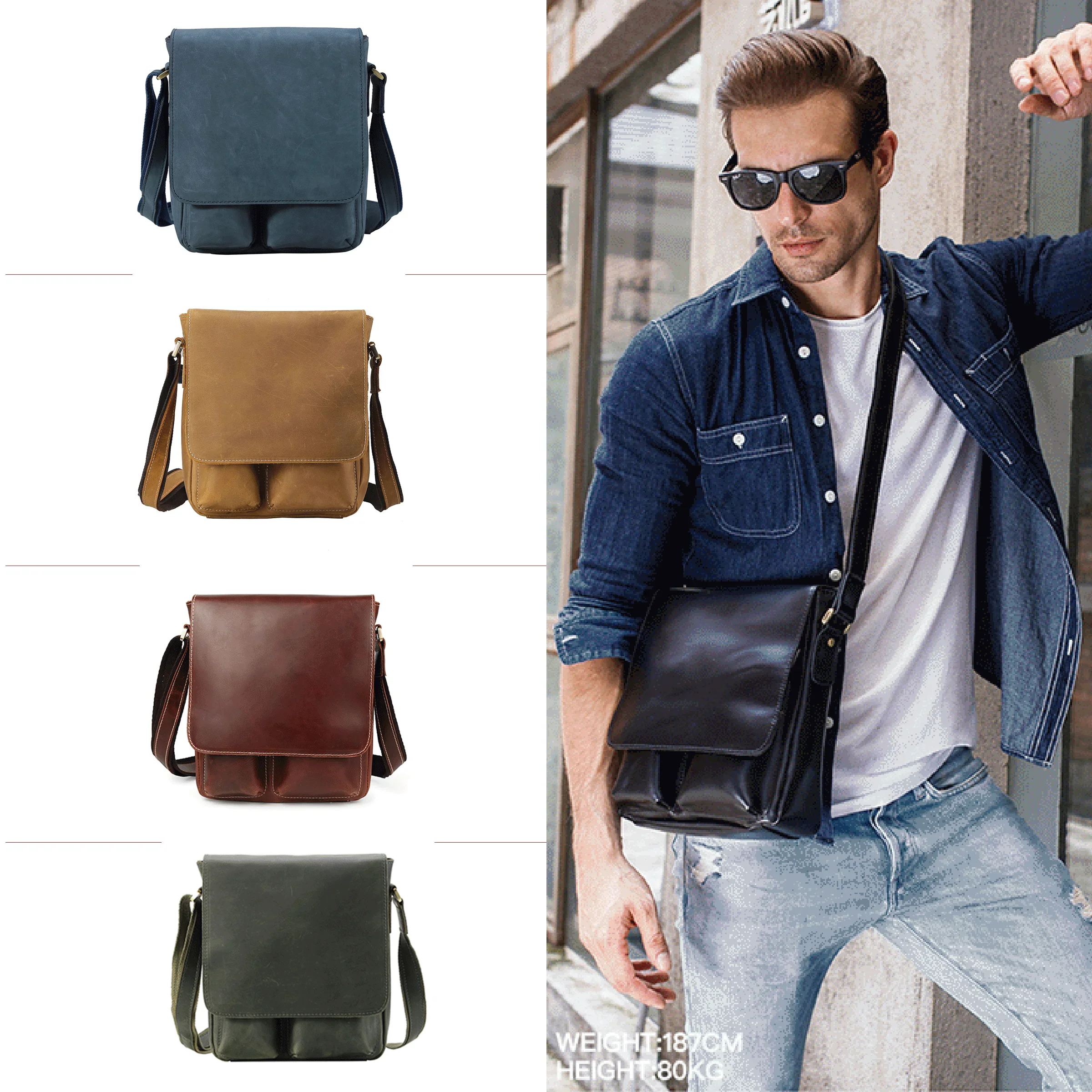 

Wholesale Customize Vintage Design Handmade Crazy Horse Leather Messenger Bag Genuine Sling Shoulder For Men