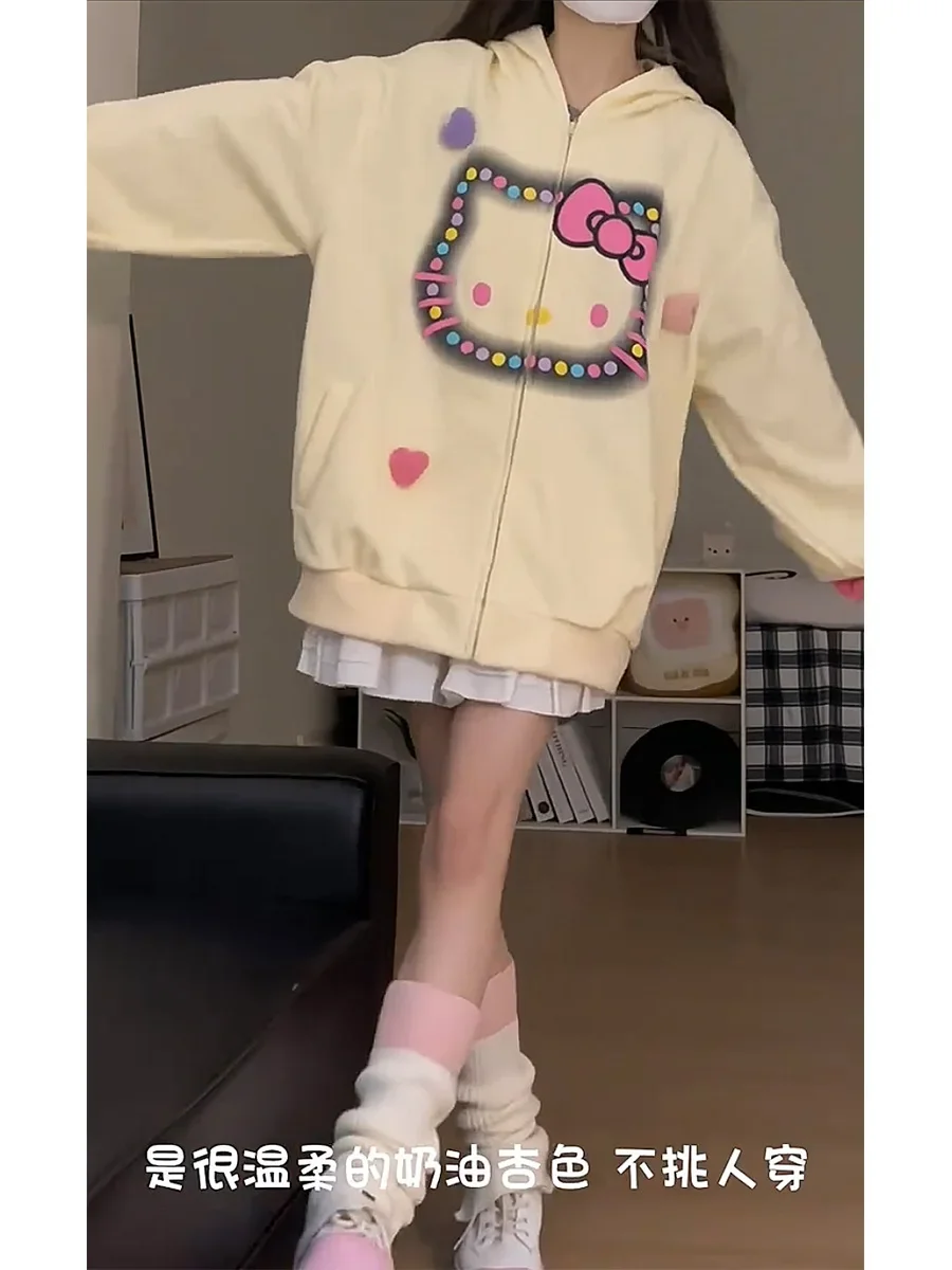 Sanrio Hello Kitty Hooded Sweatshirts for Women College Style Sweet Cool Couple Hoodies Lady Loose Casual Kawaii Cardigan Jacket