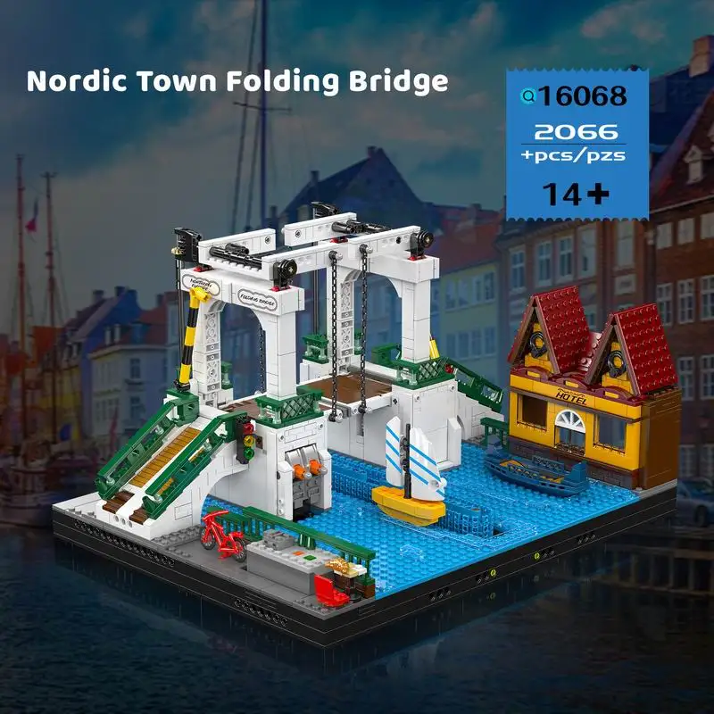 Mold King 16068 Nordic Town Vouwbrug 2066 stks Bouwsteen Creatieve Baksteen Set Montage Educatief Speelgoed Kerstcadeau