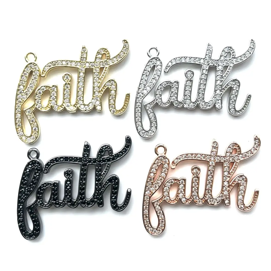 5Pcs Cubic Zirconia Pave Faith Word Charms Gold Plated Letter Pendant For Woman Bracelet Necklace Bangle Jewelry Making