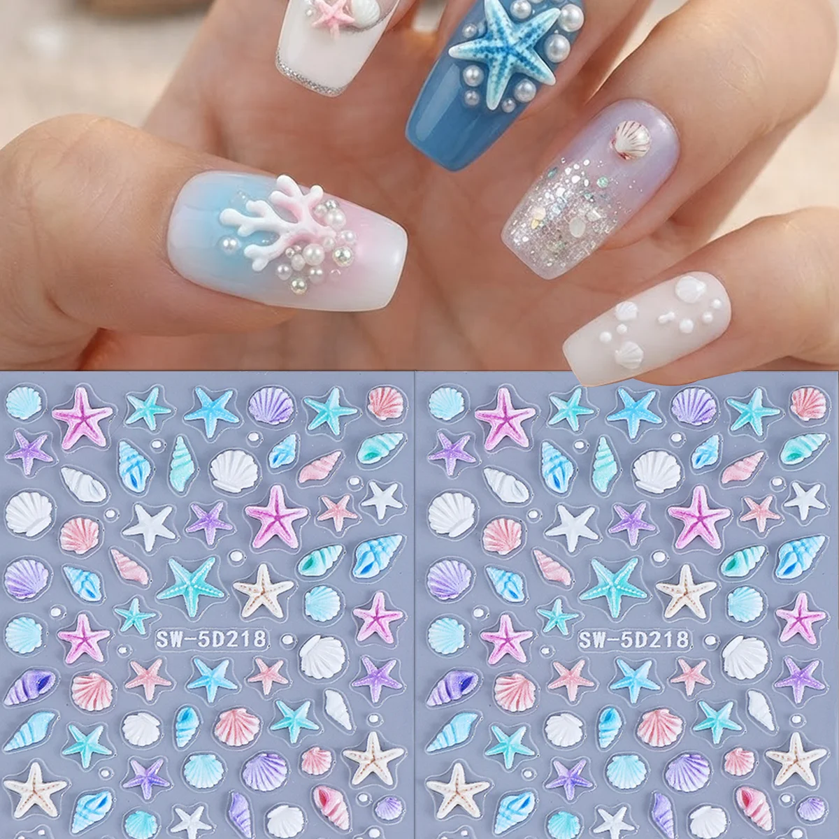 2PCS 5D Embossed Ocean Shell Star Nail Stickers, Multi-Colored Gradient Decals, Nail Art Supplies for Summer Beach Party