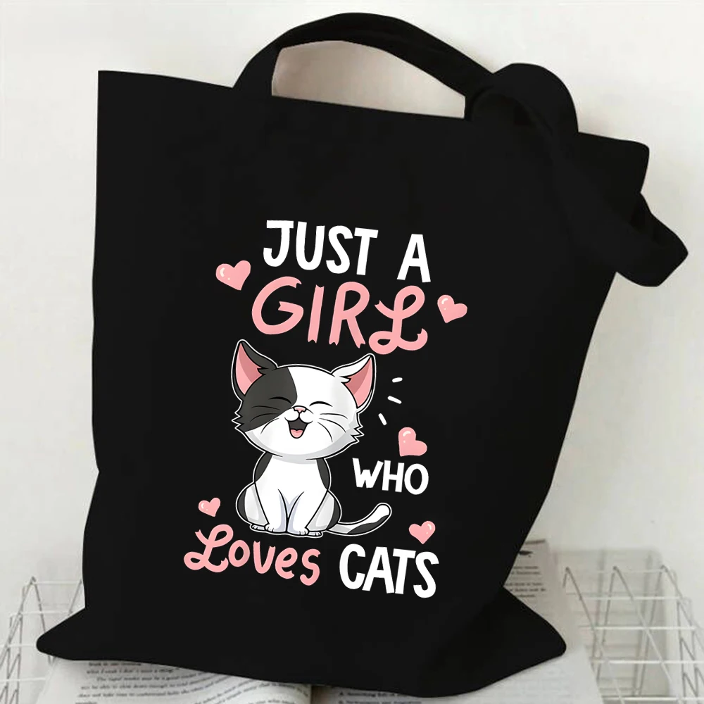 Women's Canvas Shoulder Bag Just A Girl Who Loves Cats Print Shopping Bag 2024 Student Animal Tote Bags Cartoon Kitten Handbag