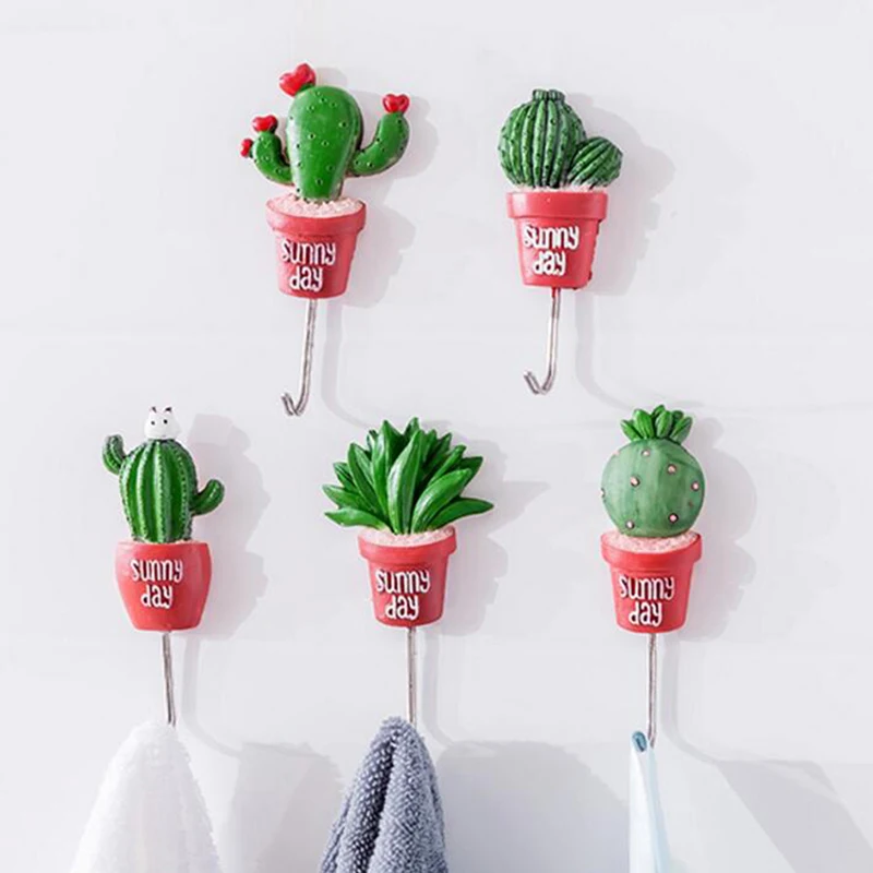 Wall Hook Cactus Adhesive Artificial Flower Pot plant Home Decor Storage Organizer Key Rack Bathroom Kitchen Towel Hanger