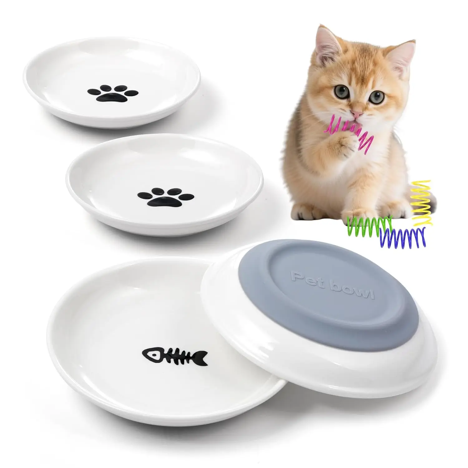 Ceramic Cat Food Bowl 4PCS Non-Slip Kitten Feeding Dish Set, Customized