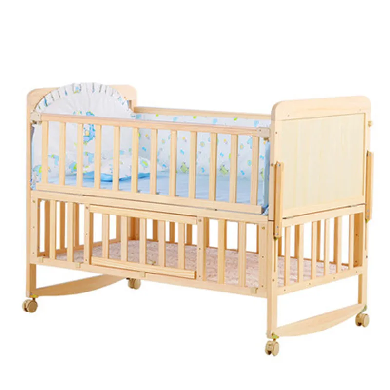 Multifunctional Pine Wood Twins Cot With Quilt Set & Mosquito Net, Crib Can Extend and Joint Adult Bed