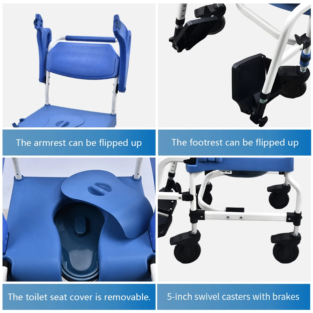 Lightweight Aluminum Wheeled Toilet Chair Mobile Bedside Commode For Elder Disled Home Hospital Nursing Care Use
