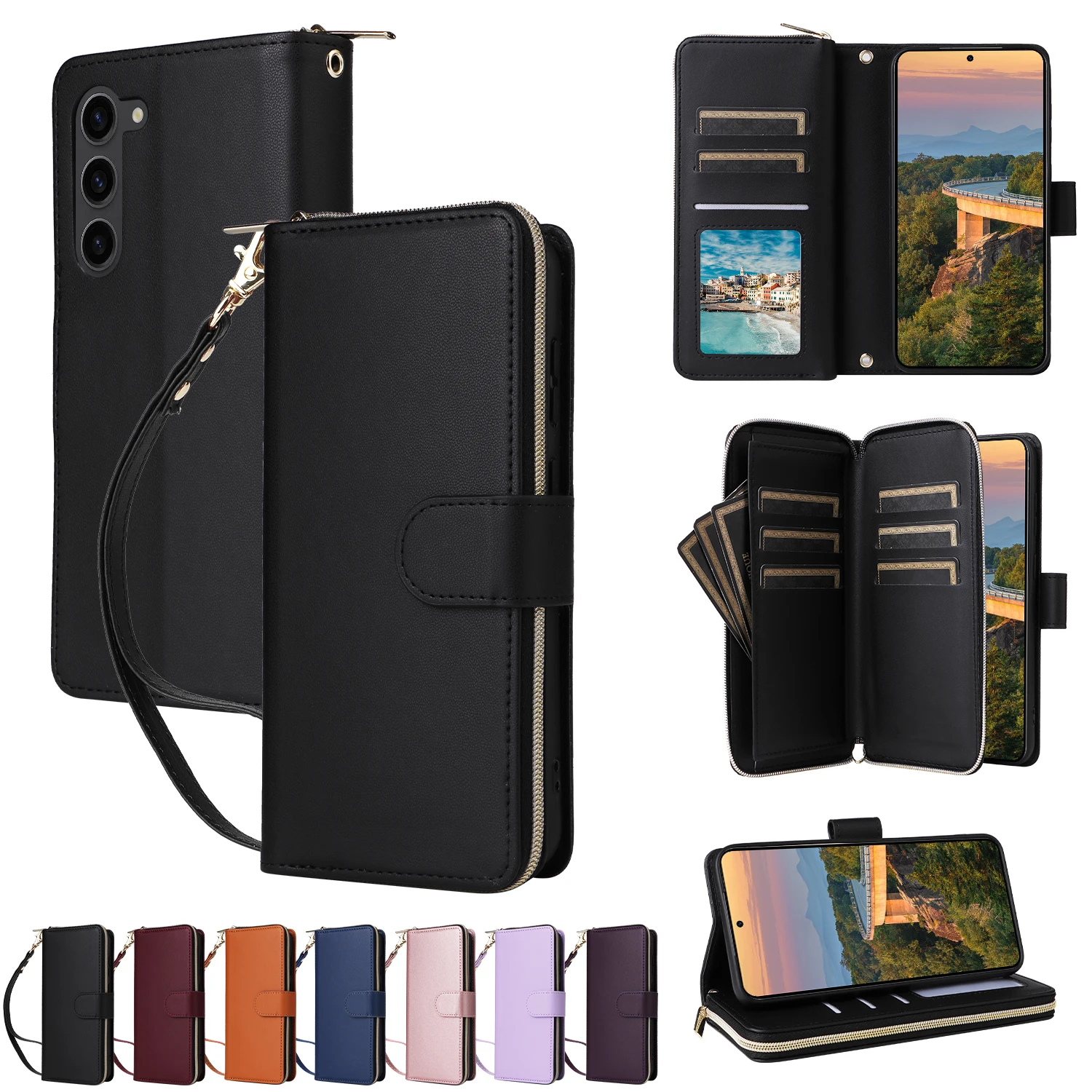 

7X*solid color Zipper Leather Case Wallet Flip Phone Case For SAMSUNG GALAXY S22 S23 S24 Ultra Plus FE 5G