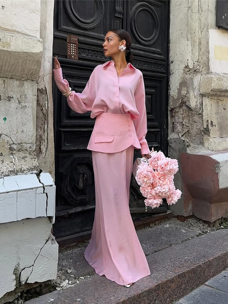 kliou Classic Trend Women 3 Piece Set Autumn New Street Solid Single Breasted Blouse+Matching Maxi Skirts+Mini Stacked Bottoms