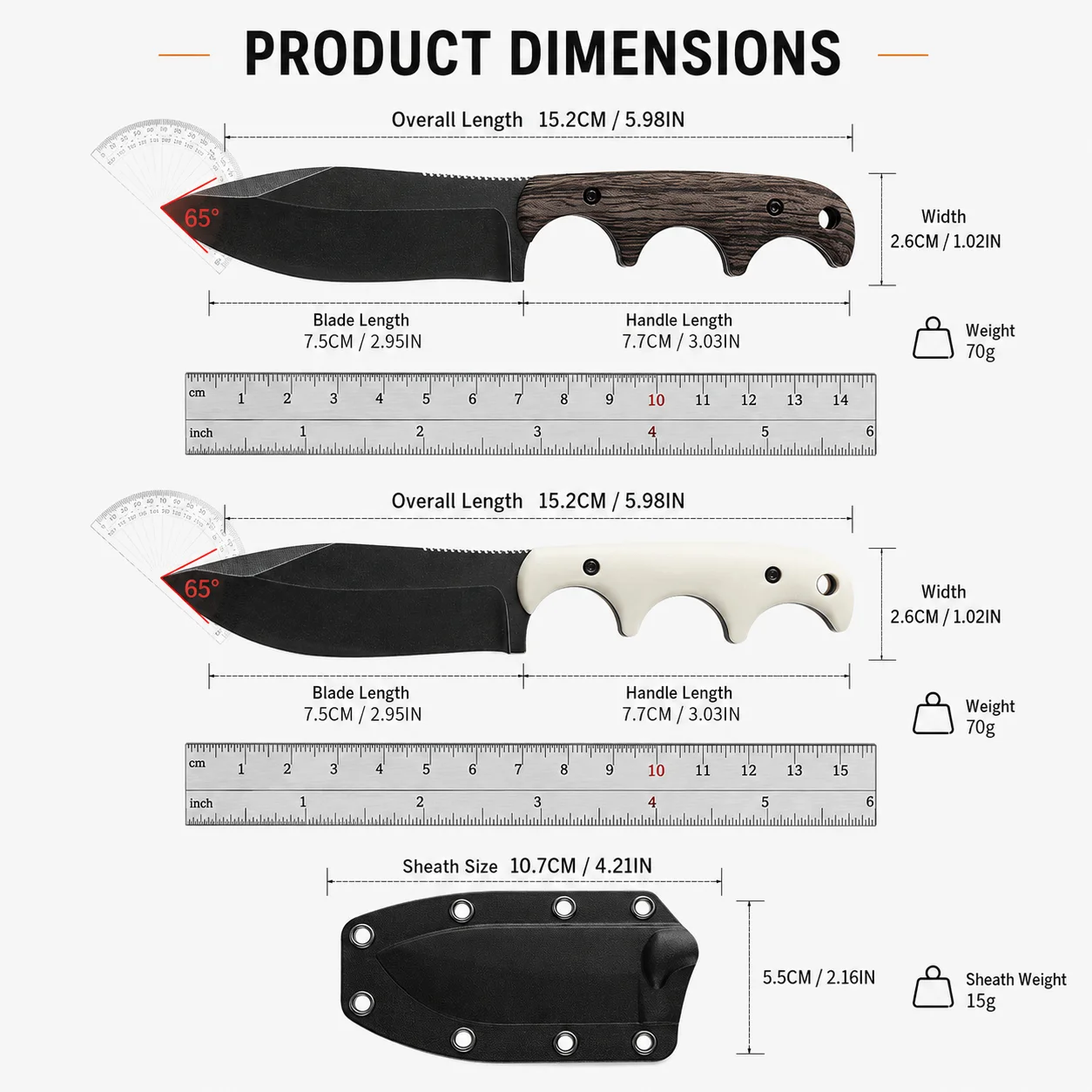New outdoor small straight knife, stone washed blade camping edc survival knife, white/wood grain handle + k sheath tool.