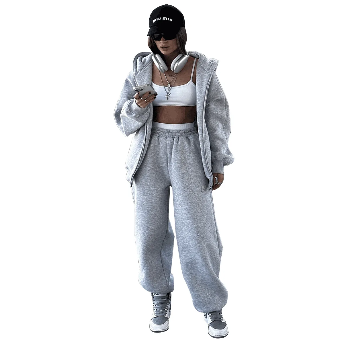 Sweatshirt Women 2024 New Style Hooded Polar Fleece Cardigan Sweatshirt Suit Two Piece Suit Women Ensemble Femme 2 Pièces Été