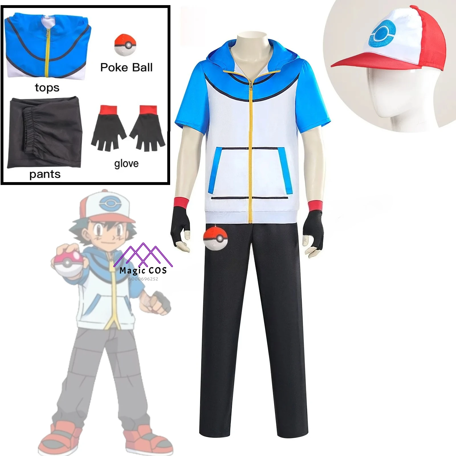 

Men Anime Trainer Cosplay Costume Boys Ash Ketchum Adult Kids Halloween Women Disfraz Party Blue Jacket Cap and Gloves Sets
