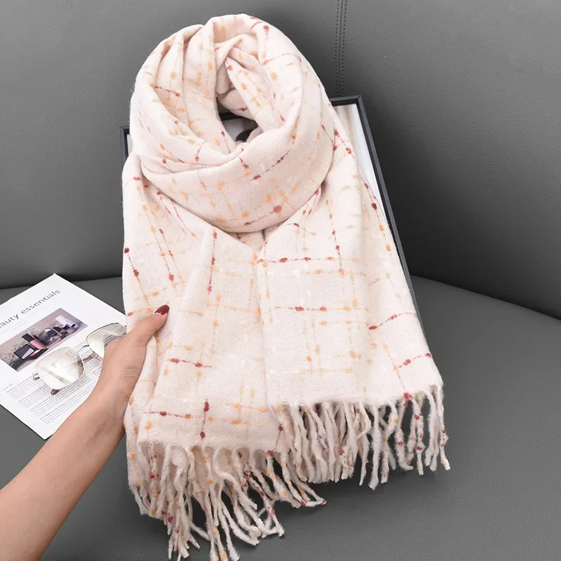 High-end Imitation Cashmere Plaid Tassel Scarf for Men and Women in Autumn and Winter Plus Velvet and Thickened Warm Scarf