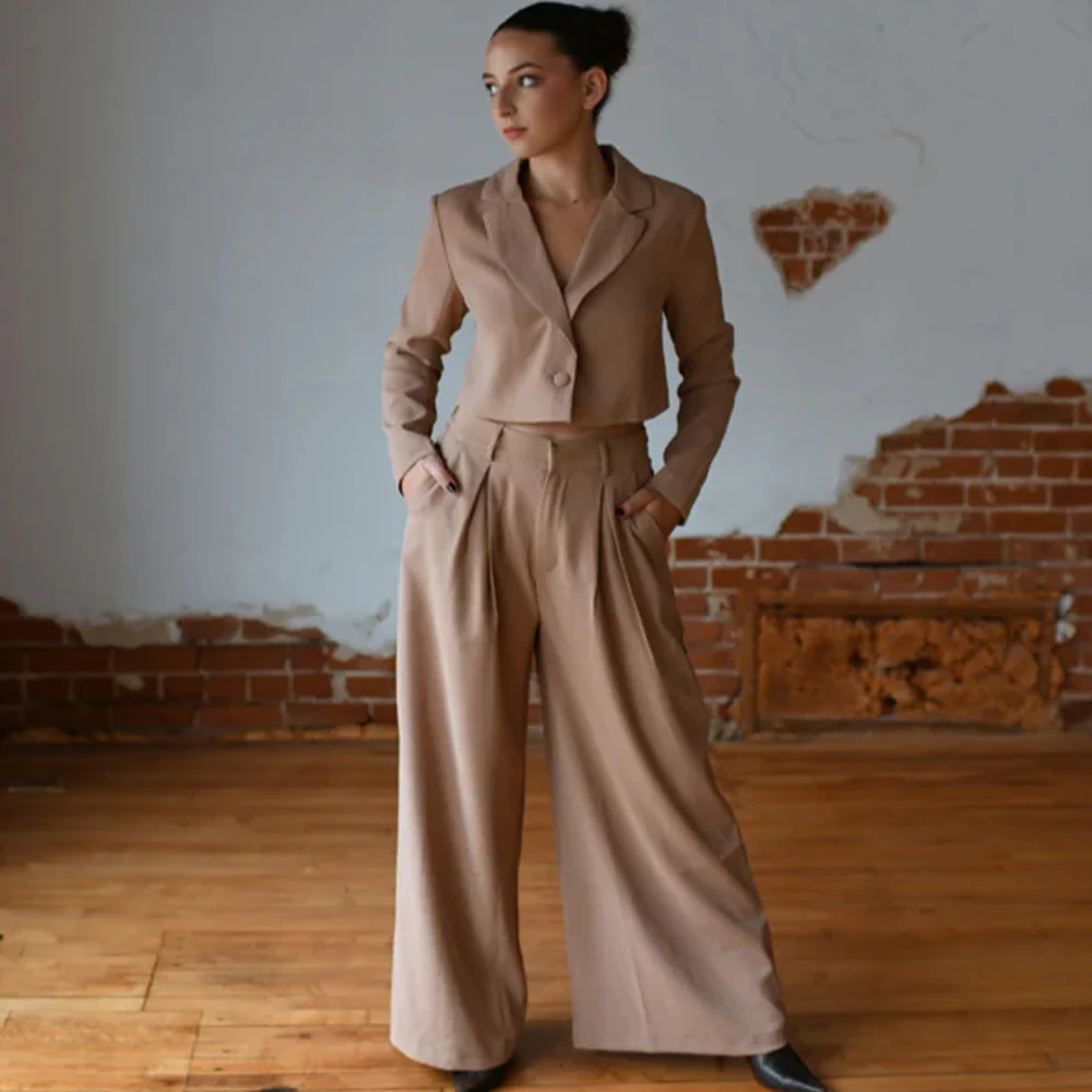 Coffee Casual Women's Suit 2 PCs Business Pants sets One Button Short Blazer Office Ladies Outfit Customized Suit Jacket