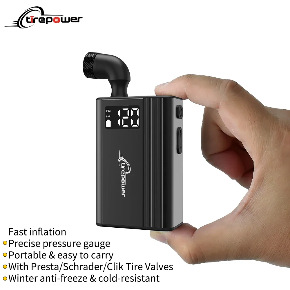 

Mini Electric Pump for Bike 120PSI Aluminum Alloy Cordless Tire Inflator 750*2 mAh Battery with Presta & Schrader & Clik Valve