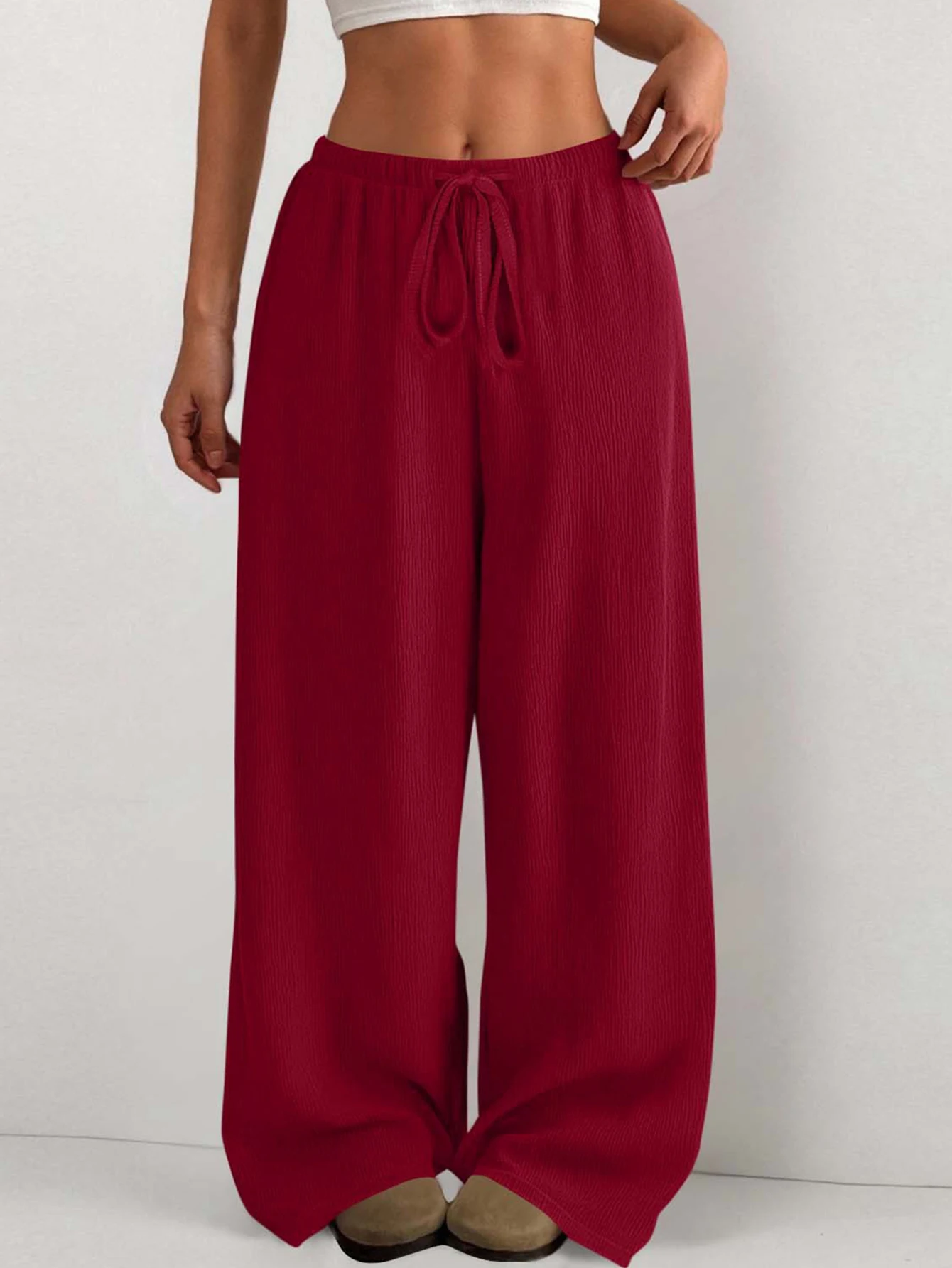 Ladies Pure Color Loose Treebark Wide Leg Casual Pants Long Trousers Drapey Waist Drawstring Comfortable