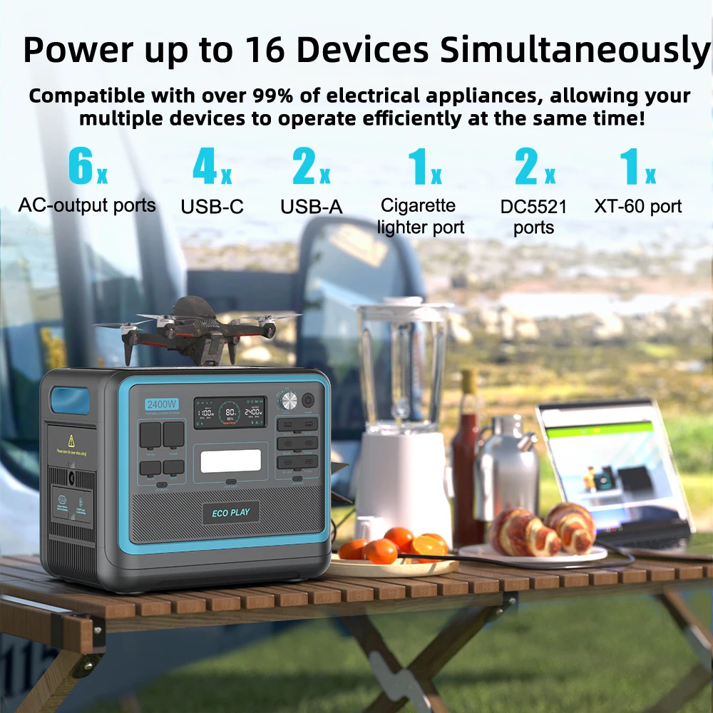 ECOPLAY Portable Power Station 2400W 2048Wh Solar Charging LiFePO4 4000+Battery Cycles For Home Backup Outdoor Camping US Plug