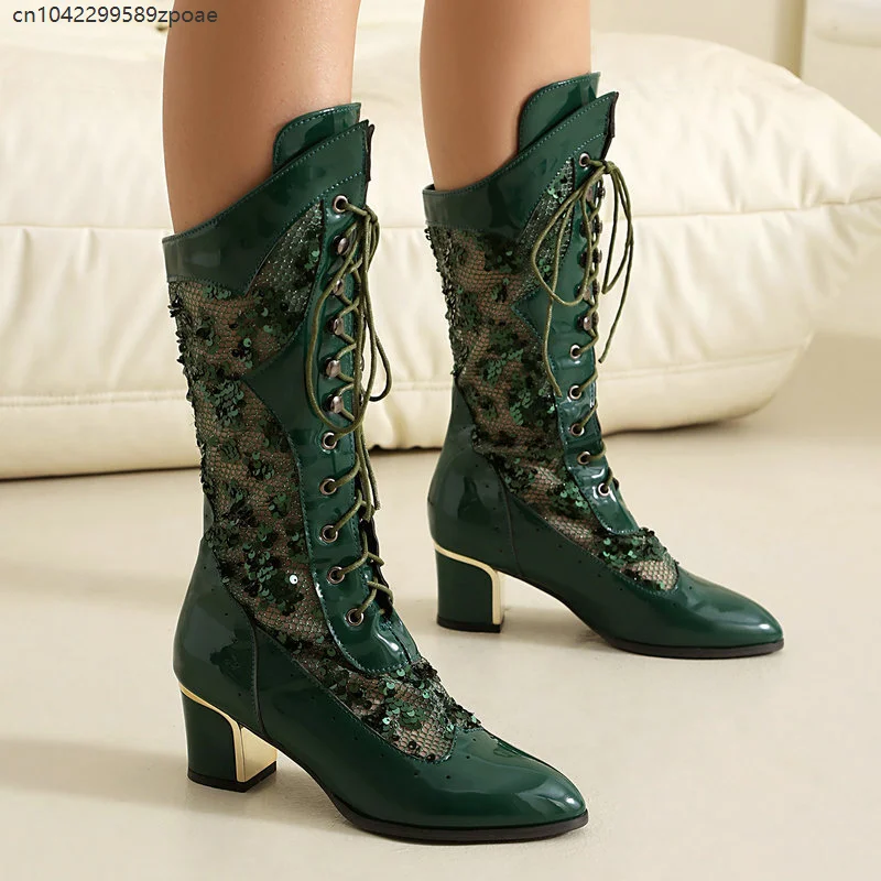 Fashion Women Glitter Sequin Mesh Splice Boots Gloss Patent Lace Up Mid Calf Pointed Toe Block Heel Footwear Cosplay Show Shoes