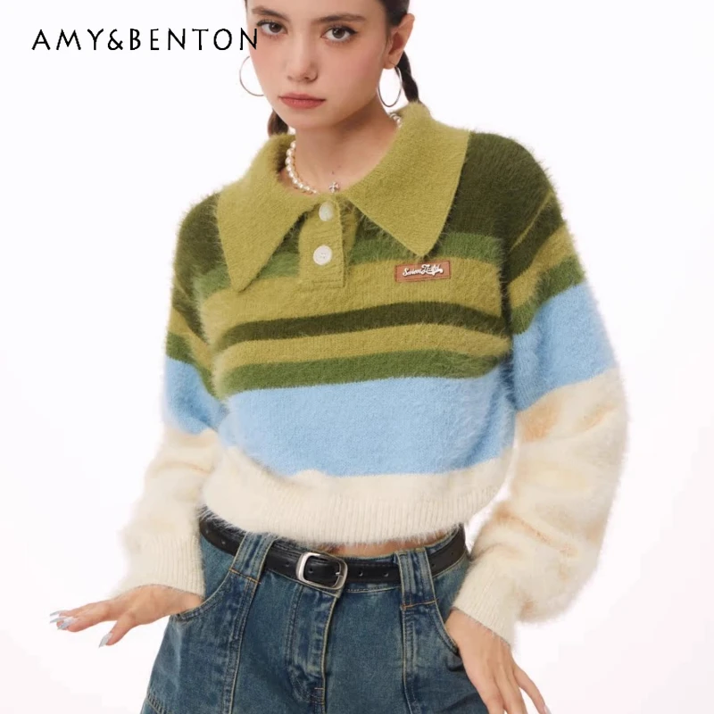 

2025 Autumn Winter New Short High-End Polo Collar Women's Sweater American Retro Color Blocking Striped Pullover Sweaters Ladies