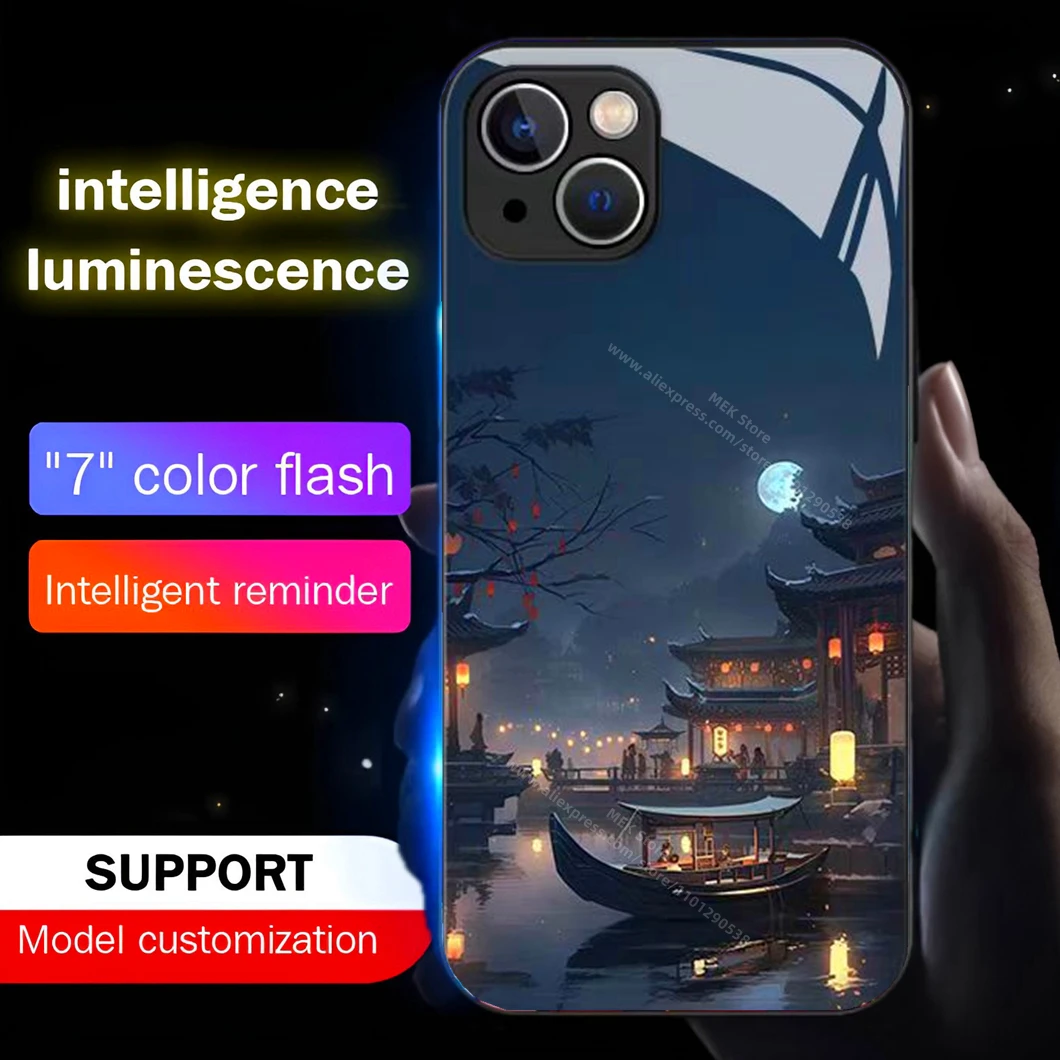 

Ancient Moonlight Design Sound Control LED Flash Cases Luminous Glass Cover For iPhone 16 E 15 14 13 12 11 Pro Max XS XR Plus SE