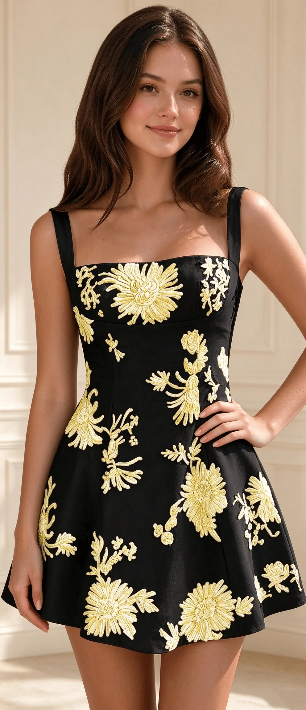 A-Line Mini Cocktail Dress For Women Square Neckline Wide Shoulder Straps 3D Flower Embroidery Homecoming Wedding Guest Dress