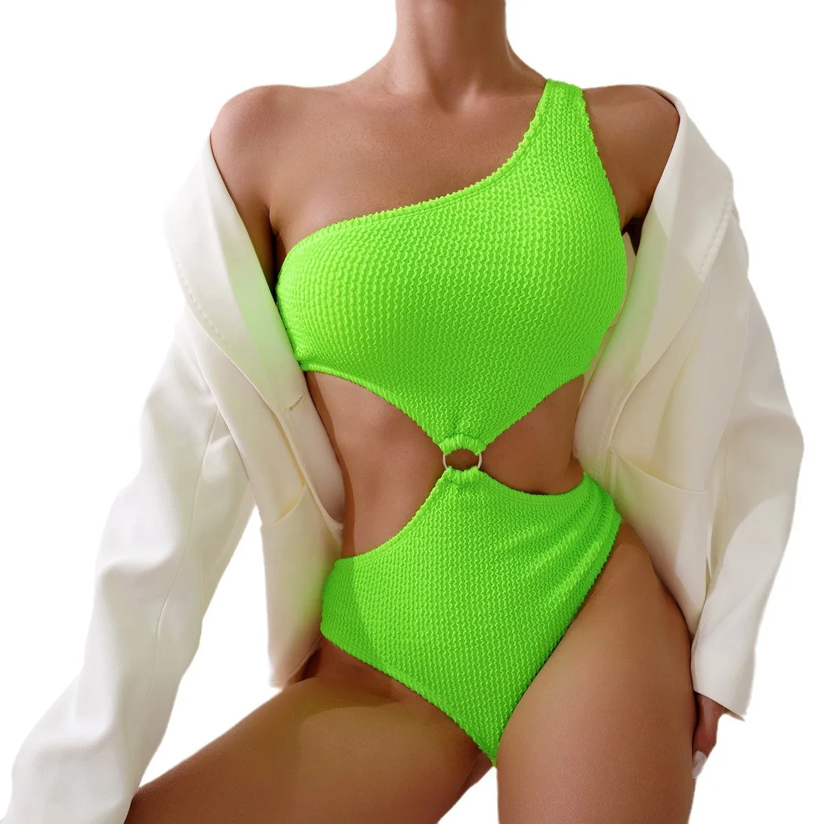 Summer Fashion Women's Solid Color Bikini Set One-Shoulder Two-Piece Swimsuit with Cut-Out Design Sexy Corset Trendy Beachwear
