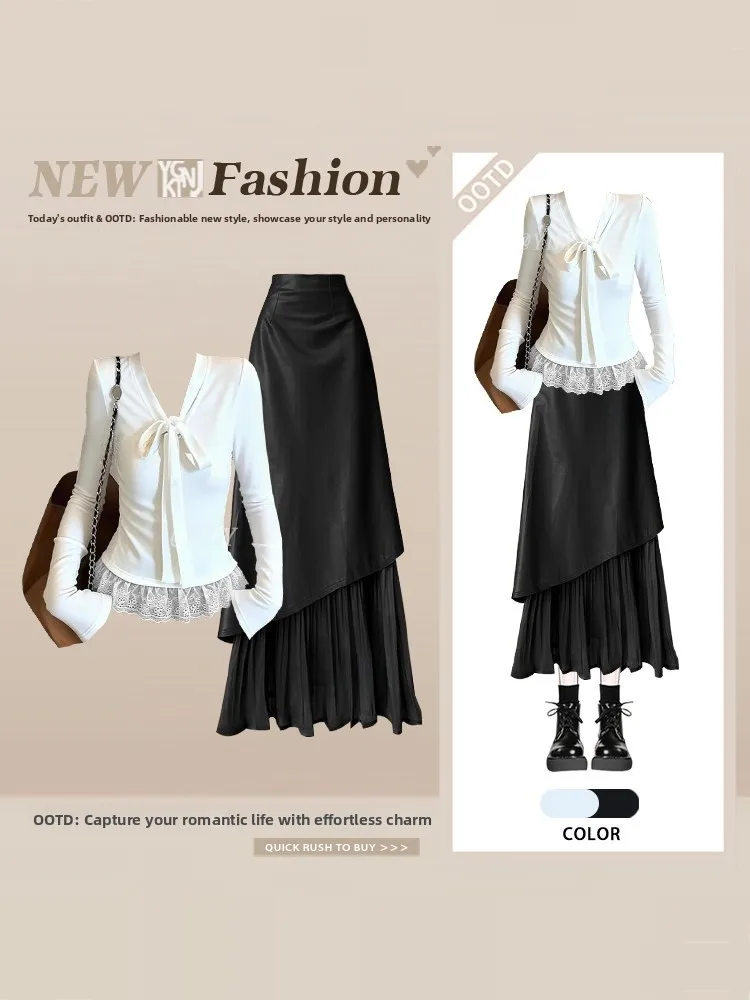 

Lace Base Shirt Women's Slim Fit Spring Top with Asymmetrical Skirt Two-Piece Set High Waist Midi Skirt Long Sleeve Butt...