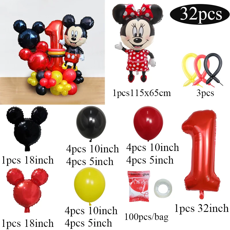 32pcs/Set Disney Mickey Mouse Foil Balloons Red Black Latex Balloons 32inch Number Balls Birthday Baby Shower Party Decoration