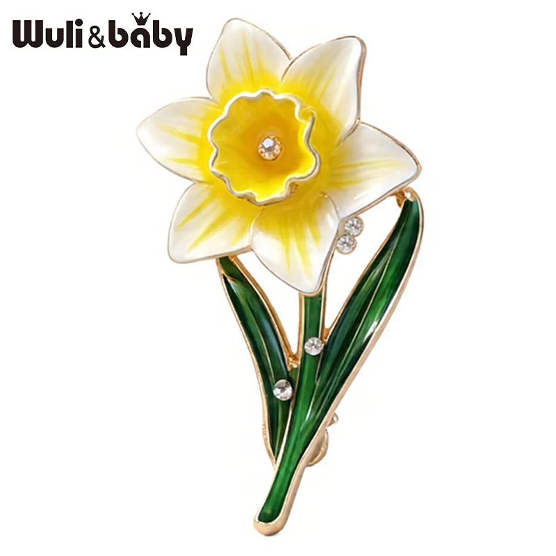 Wuli&baby Broches de Flor de Aniversário de Março para Mulheres, Lindos Broches de Esmalte com Plantas de Narciso, Alfinetes de Broche para Festas Casuais, Presentes de Moda
