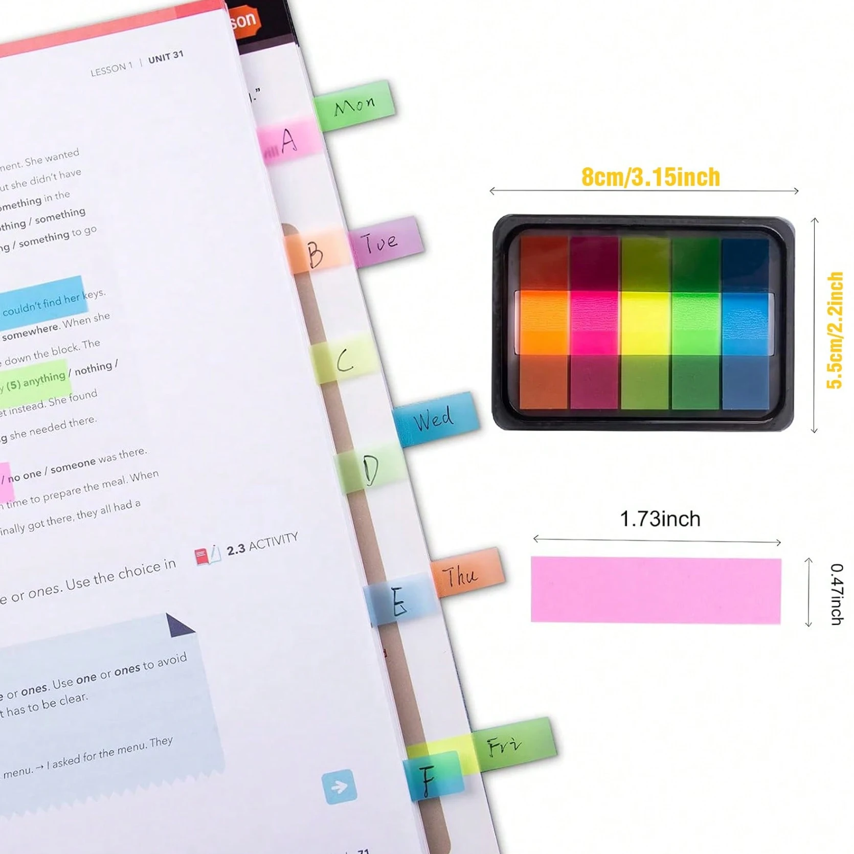 3 Packs Multicolor Neon Index Strips in Storage Case, Removable Self-Adhesive Page Tabs, Writable Memo Labels for Reading