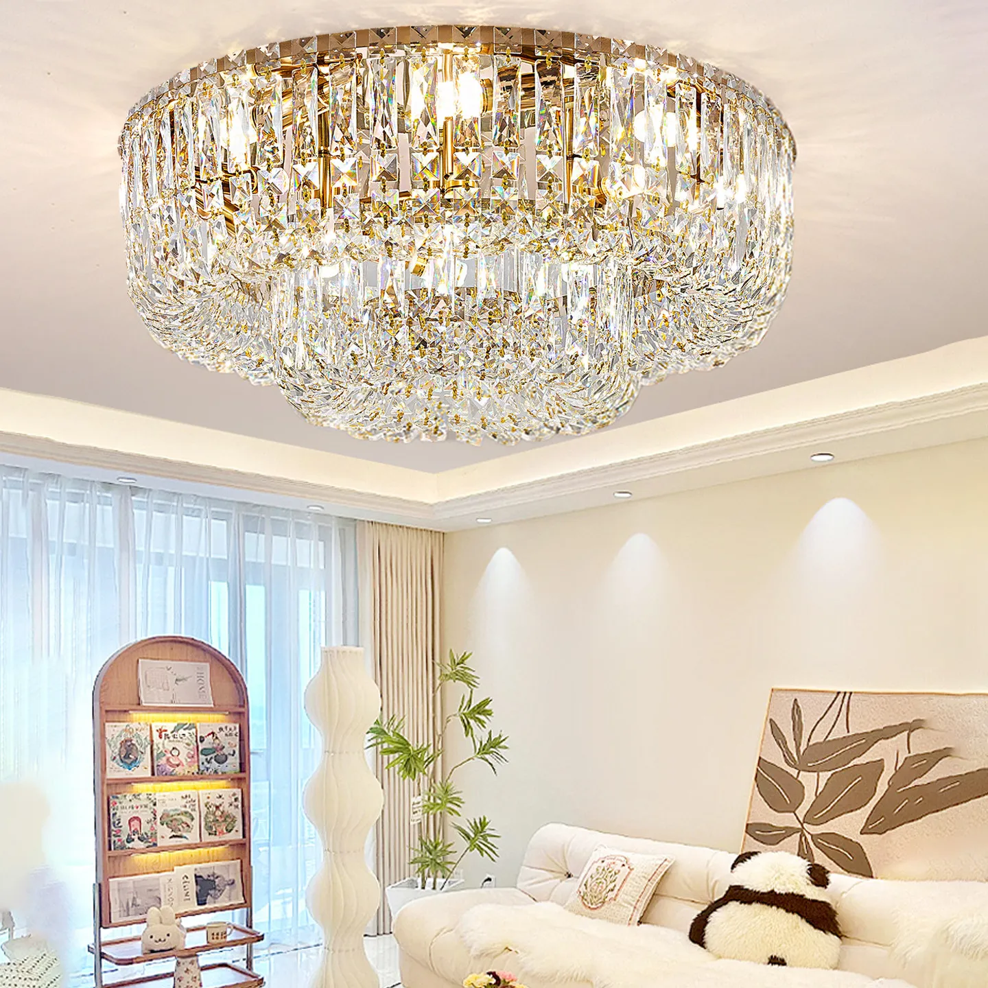 Luxury Round Crystal Ceiling Chandelier Gold Stainless Steel Led Tri-Color Light For Bedroom Living Room Dining Room Home Decor