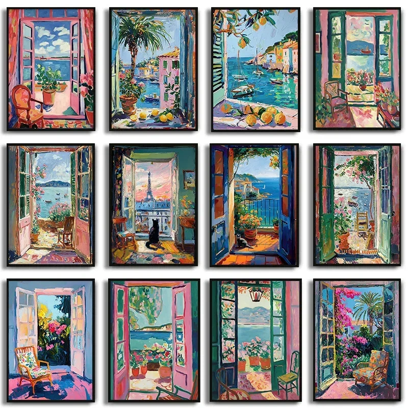 1pc Frameless Home Decor Canvas Poster Open Window Henri Matisse Print, Henri Matisse Style Fauvism Painting,Mediterranean Sea,O