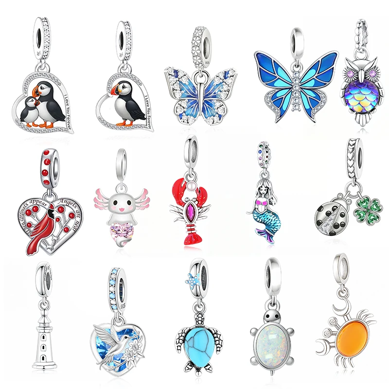 Fit Original Pan Charm Bracelet 925 Silver Puffin Cardinal Butterfly Owl Ladybug Lobster Hummingbird Bead For Making Berloque