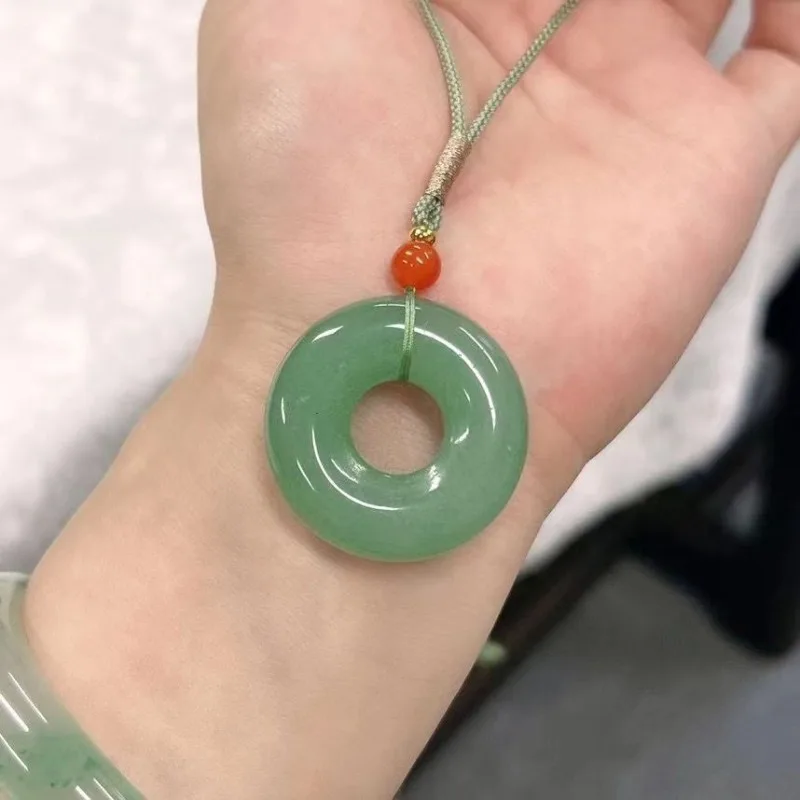 Green Dongling Jade Bread Circle Safety Ring Pendant Couple Style Pendant Necklace