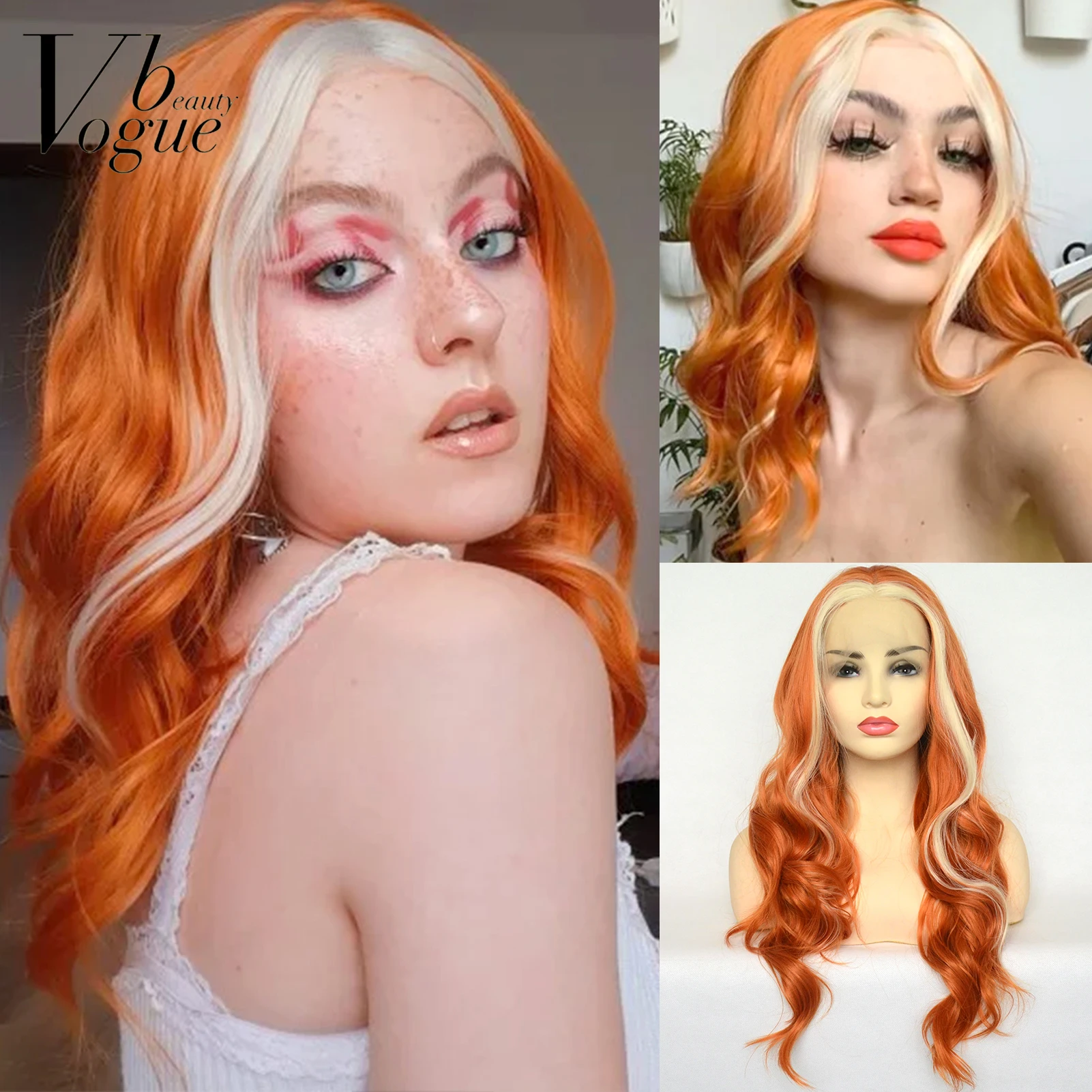 Voguebeauty Highlight Blonde Lace Front Wigs Orange Synthetic Wavy Hair Half Hand Tied Replacement Wig Cosplay for Women