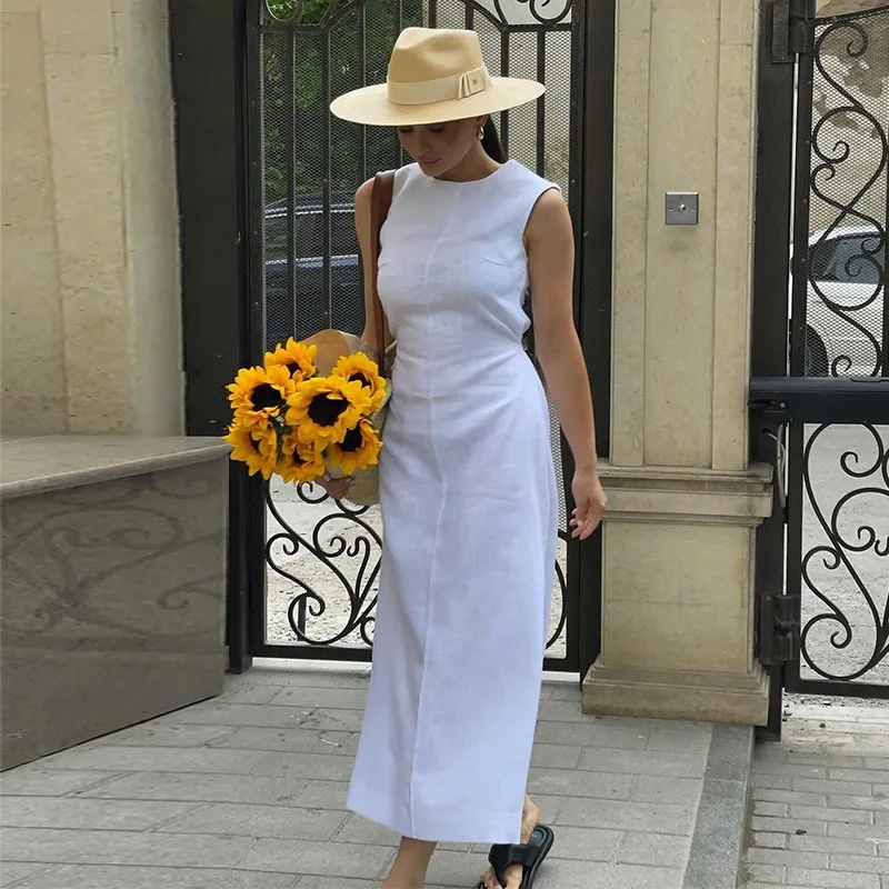 

Talenza White Off-Shoulder Slit Long Dress Women's New Sleeveless High Waist Dress Elegant Casual Solid Color Women's Long Dress