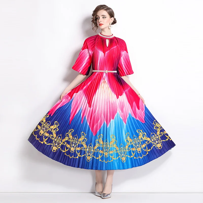 Miyake Original 2024 High-end Nail Bead Positioning Printing, Pleated Pearl Buckle, Pleated Long Skirt Bodycon Dress