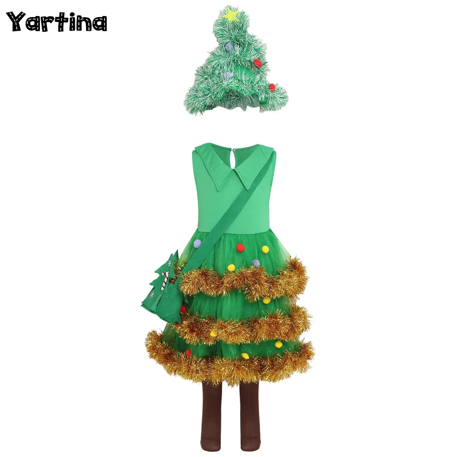

Girls Fairy Christmas Green Elf Tree Cosplay Costume Tutu Dress Set Shiny Tinsel Layered Ruffled Dress with Hat Bag Sock