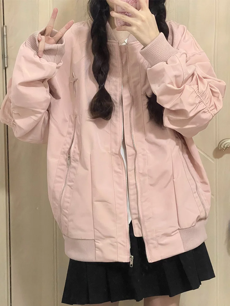 Pink Sweet Y2k Aesthetic Patchwork Spring Coat Women InsTrendy Premium Fairy Tops 2024 Japanese Harajuku Loose Baseball Jacket