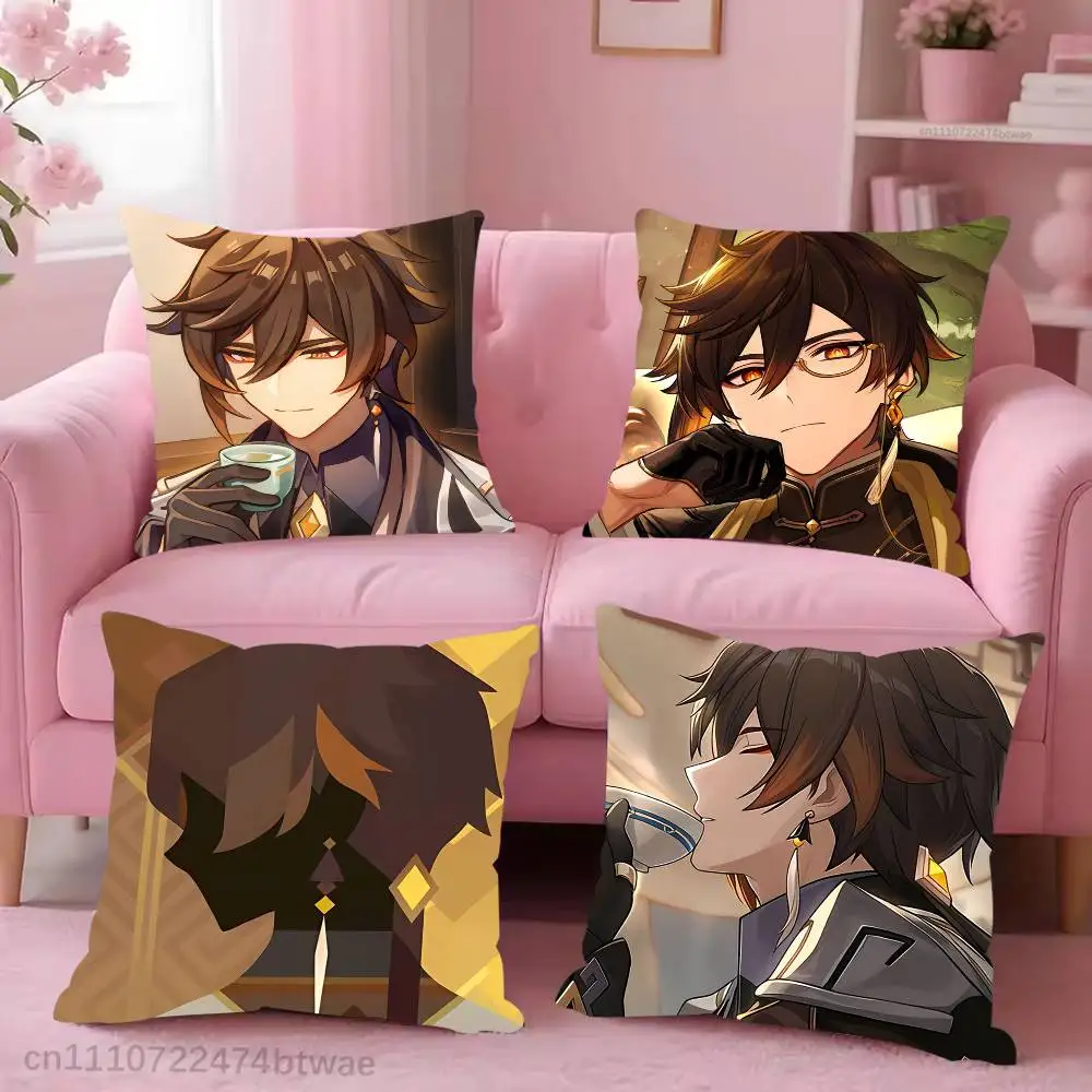 Genshin Impact Z-Zhongli Pillow Case For Sofa Bedroom Living Room Plush Cushion Cover Decorations and Protector