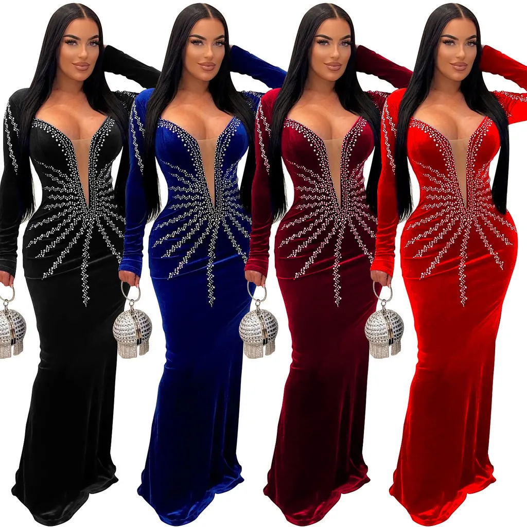 

Fashion Women Elegant Rhinestones Long Sleeves V Neck Maxi Long Dress Party Gowns