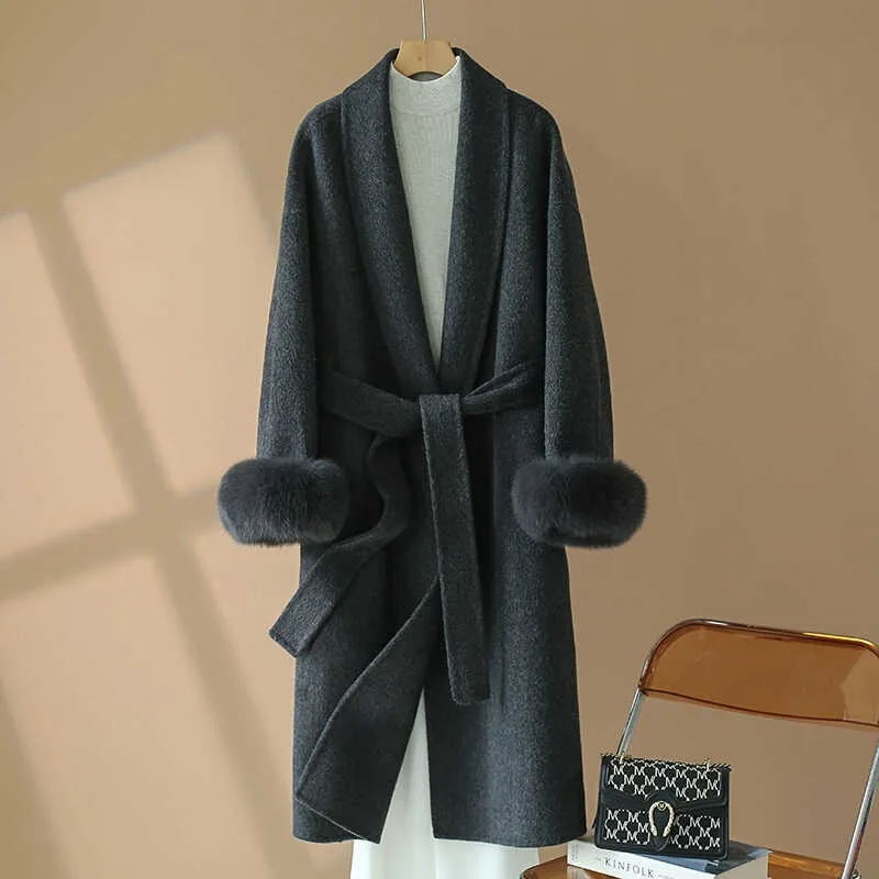 2024 New Fall and Winter Double-faced Real Wool Coat Women's Medium-length Knee-length Fox Fur Sleeve Overcoat JT473