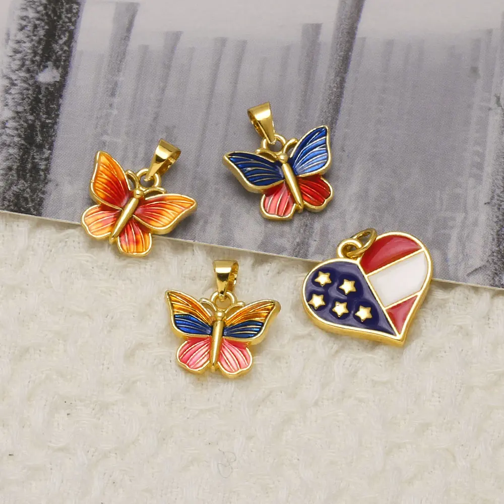 OCESRIO Enamel Colombia USA Heart Butterfly Gold Plated Copper Patriotic Charms for Necklace Bracelet Making Component chma159