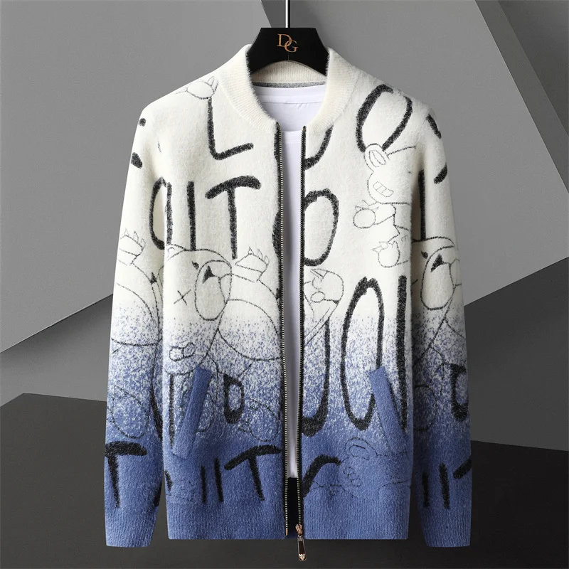 Cárdigan con estampado de letras degradadas para hombre, suéteres coreanos, abrigo de diseñador, Chaqueta de punto a la moda para otoño