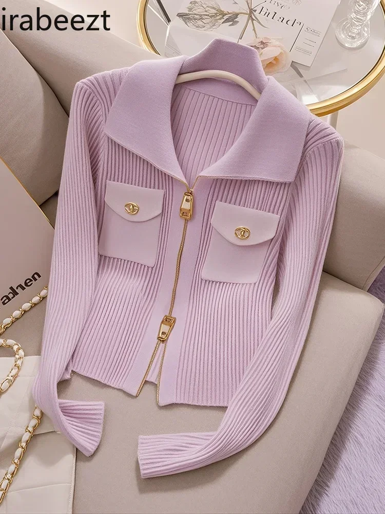 Beautiful Zipper Design French Pink Purple Knitted Cardigan Women's 2024 New Autumn Style Knitted Long Sleeve Top