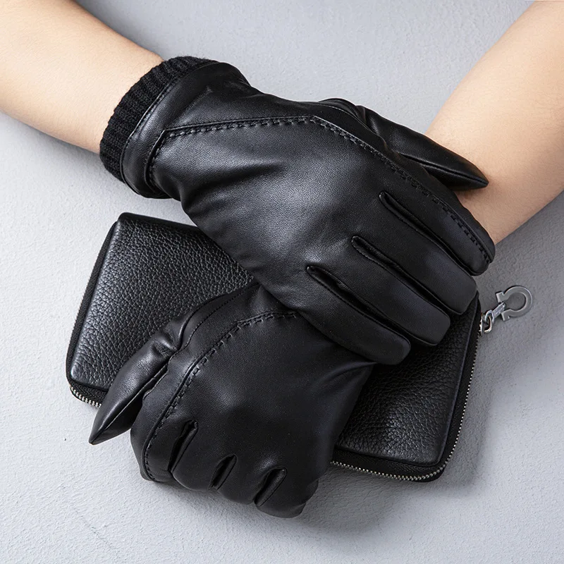 

Natural Sheepskin Leather Gloves Men's Genuine Leather Glove Female Thicken Warm Winter Touchscreen Driving Glove R3206