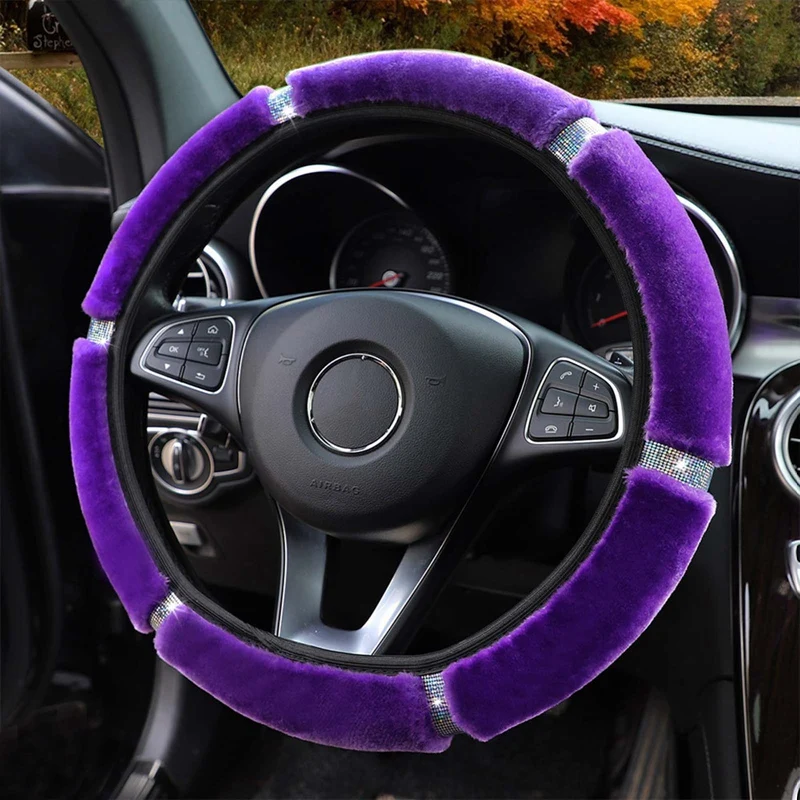 Car Steering Wheel Cover Gearshift Handbrake Cover Protector Decoration Warm Soft Plush Rhinestone Black Pink Women Man