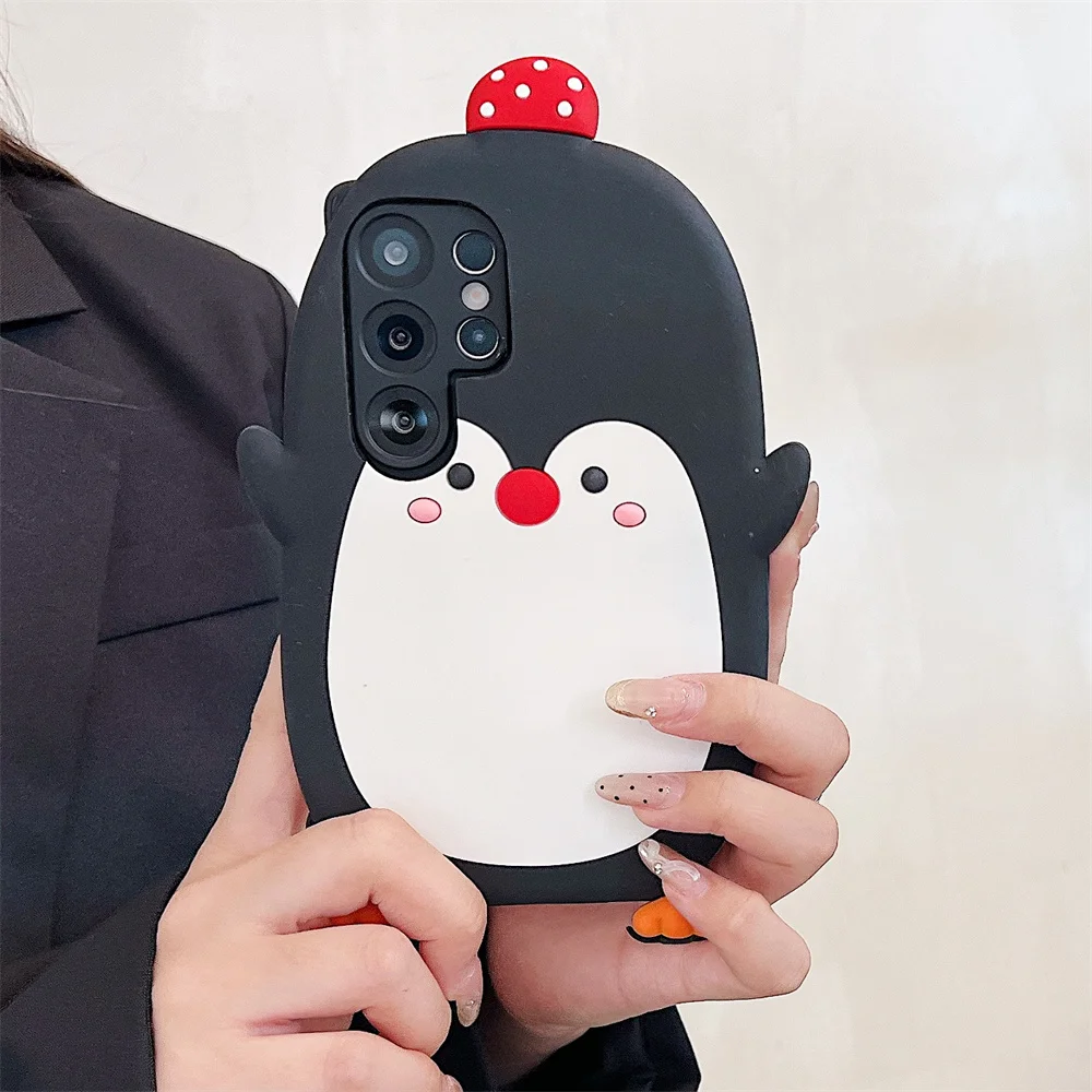 

3D Trendy Kawaii Penguin Mushroom Phone Case for S26 Ultra Soft Silicone Funny Cute Cover for SamSung Galaxy S25 S24 S23 A57 A56