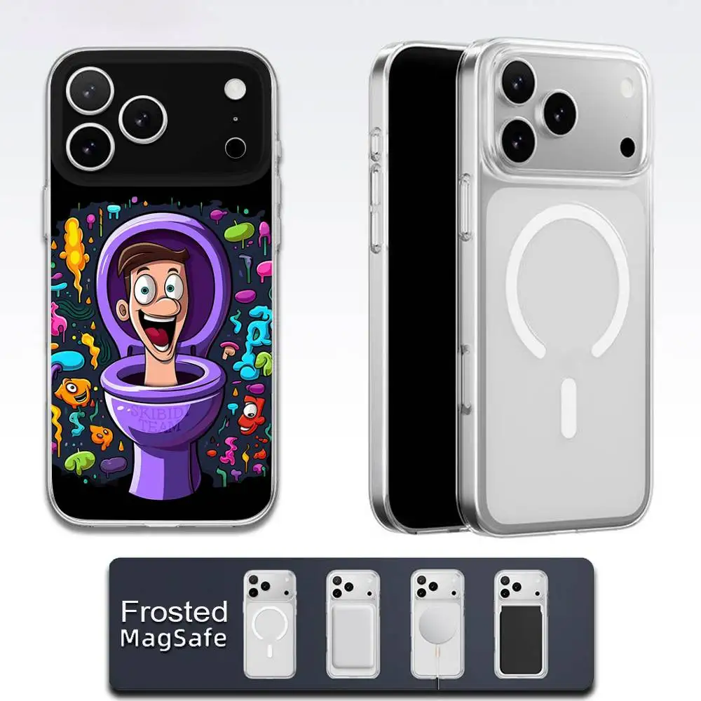 حافظة هاتف مرحاض كارتون S-Skibidi لهاتف آيفون 17,16,15,14,13,12,11,Pro,Max,Plus,E,Air,Mini Magsafe شفافة