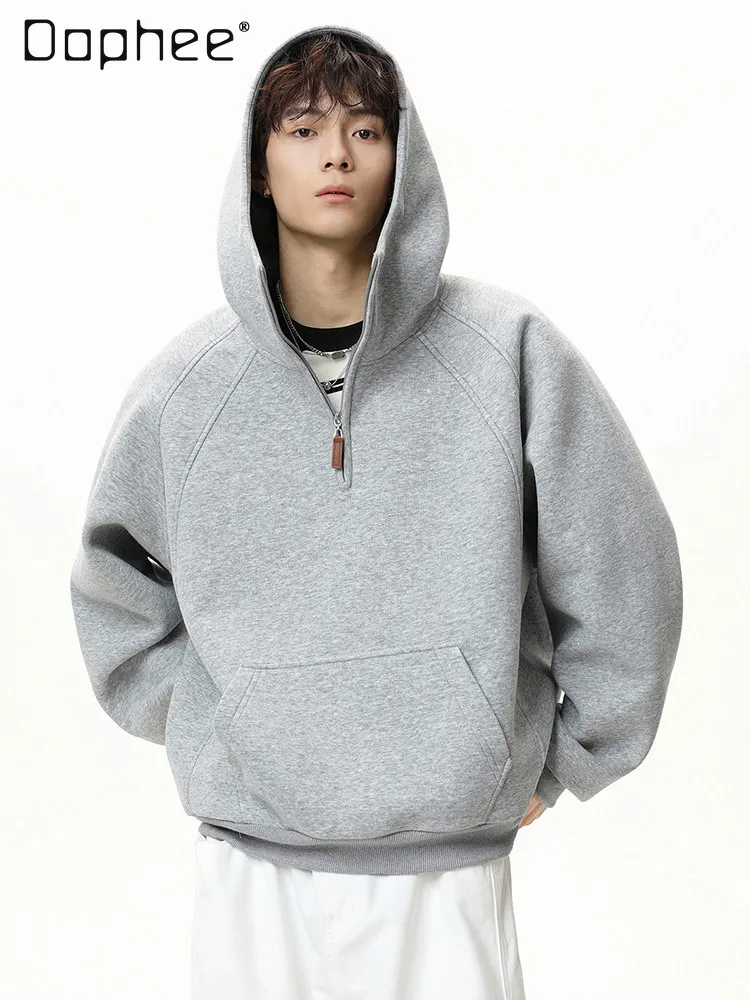 Men's Commuter Style Half-Zip Gray Khaki Hoodie American Retro Loose Casual Versatile Black Red Hoodie for Spring and Autumn