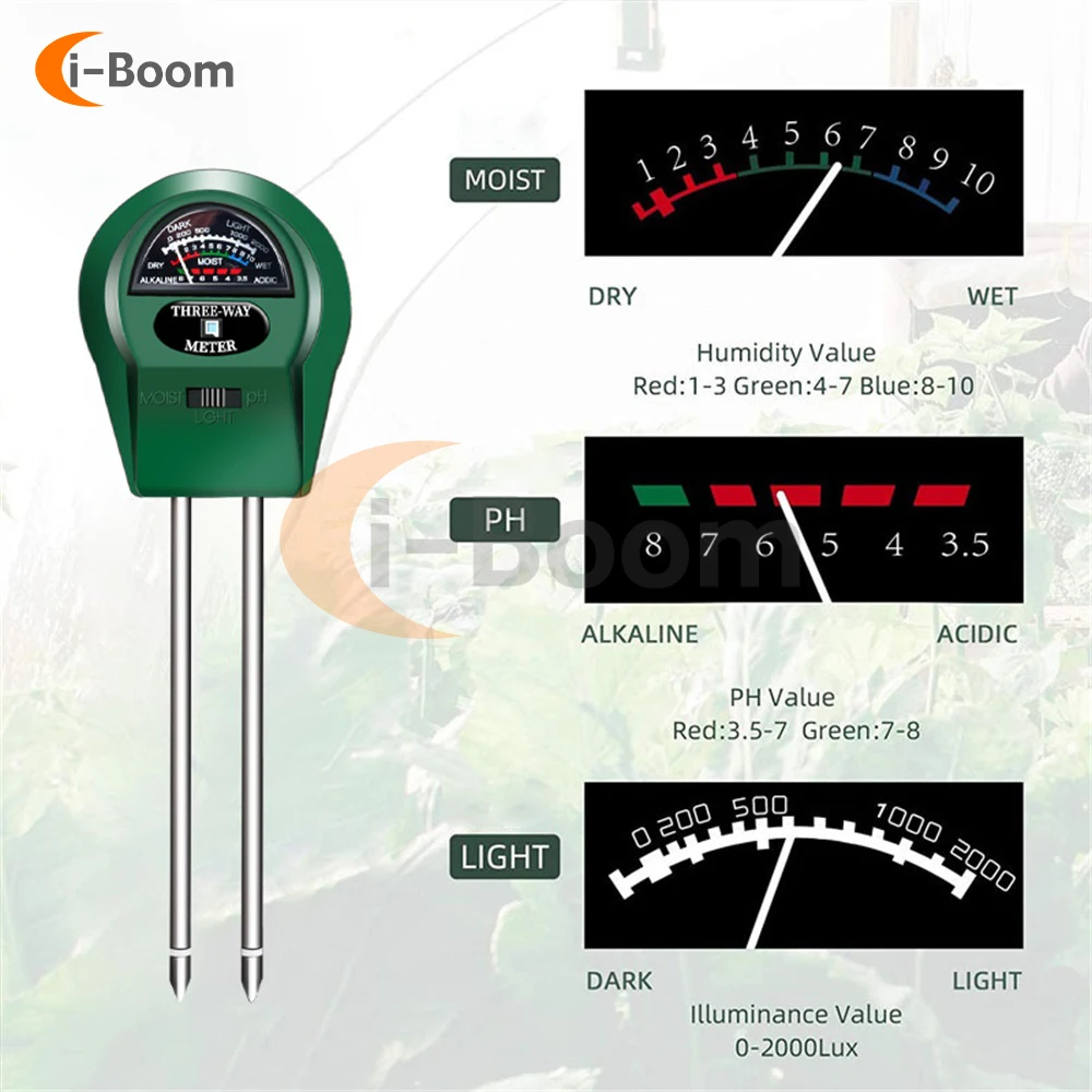 Medidor de PH del suelo 3 en 1, higrómetro para maceta de flores, probador de crecimiento de plantas, medidor de intensidad de luz de humedad,